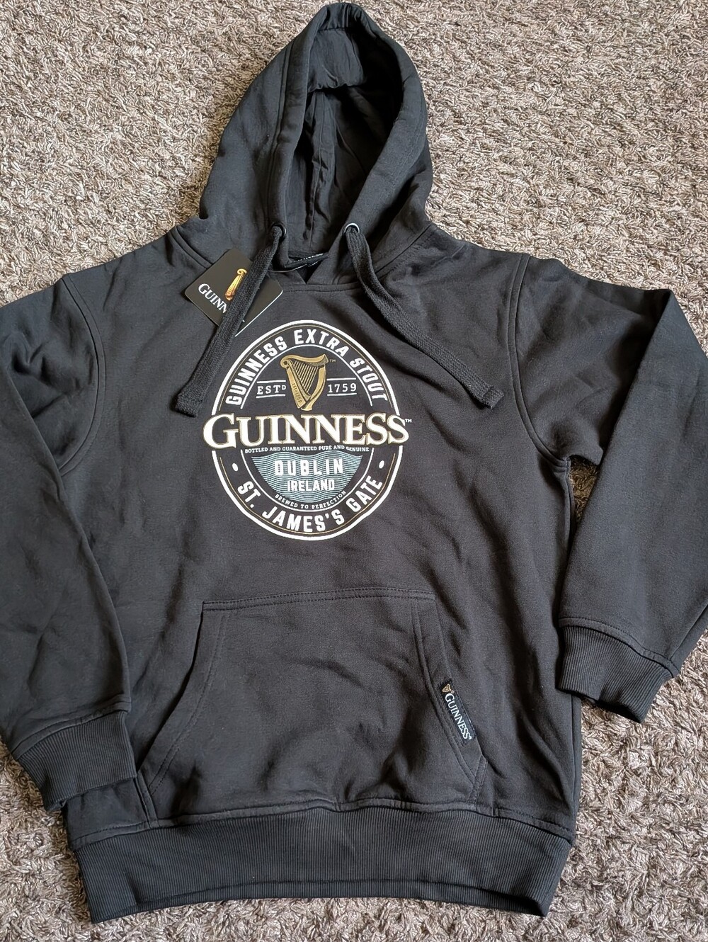 NWT Guinness Black Dublin Ireland St.James Gate Cotton Hoodie Men's S